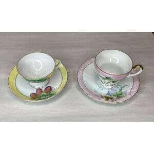 Fern Japan Hand Painted Tea Cup & Saucer Set Of 2 Strawberries Floral 4 PCs